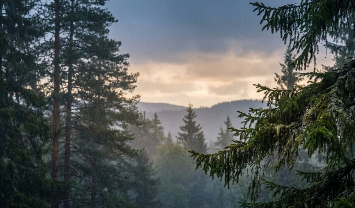 Foggy northern pine forest under soft sky
